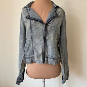 Michael Stars Blue Vintage Wash Moto Linen Denim Tencel Jean Jacket NWT Size XS